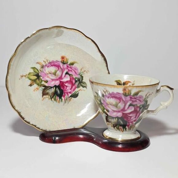 Norcrest Teacup and Saucer Pink Flowers Opalescent Vintage - Picture 1 of 9